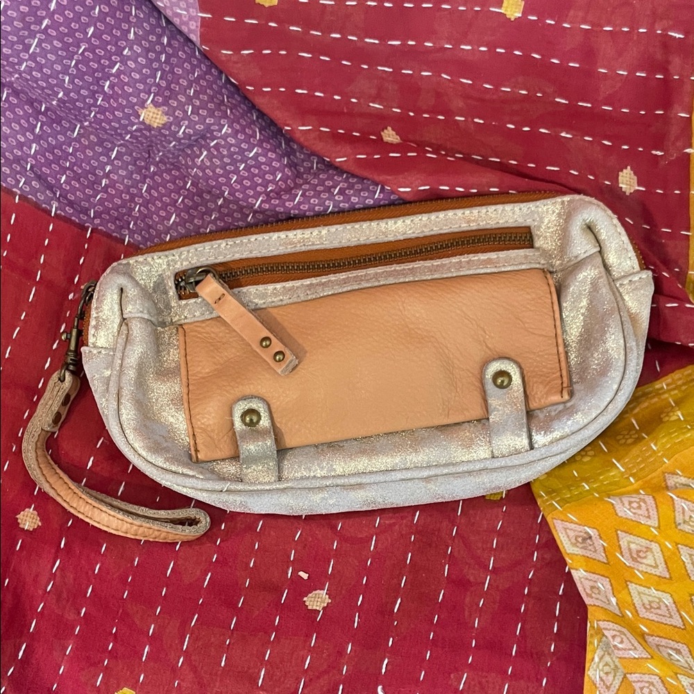 Elegant Tan and Silver Wristlet Clutch